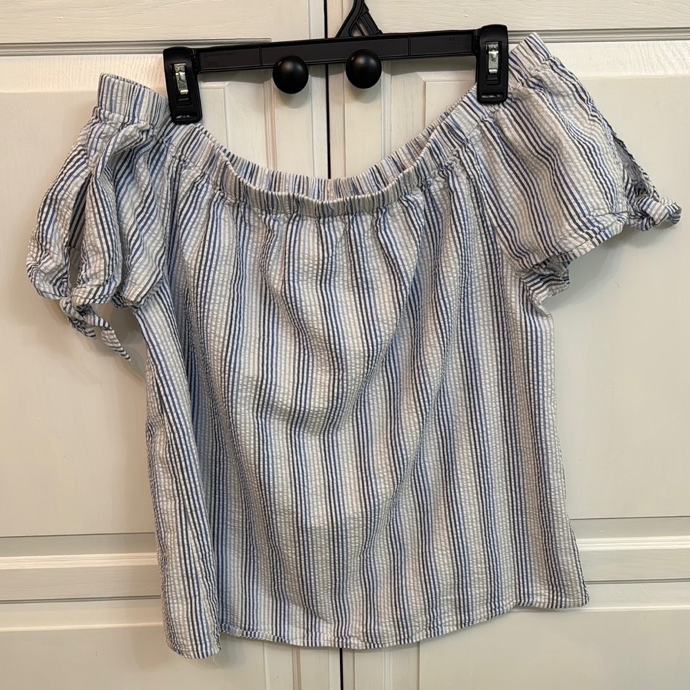 Tacera Blue and White Off the Shoulder Blouse. Coastal vibes size L.